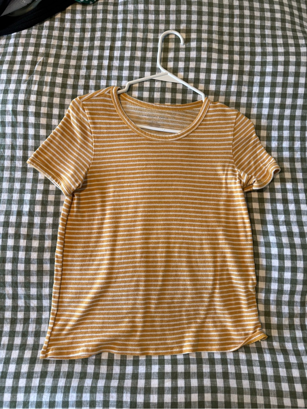 American Eagle Outfitters Mustard Yellow and White Striped Short Sleeve Tee